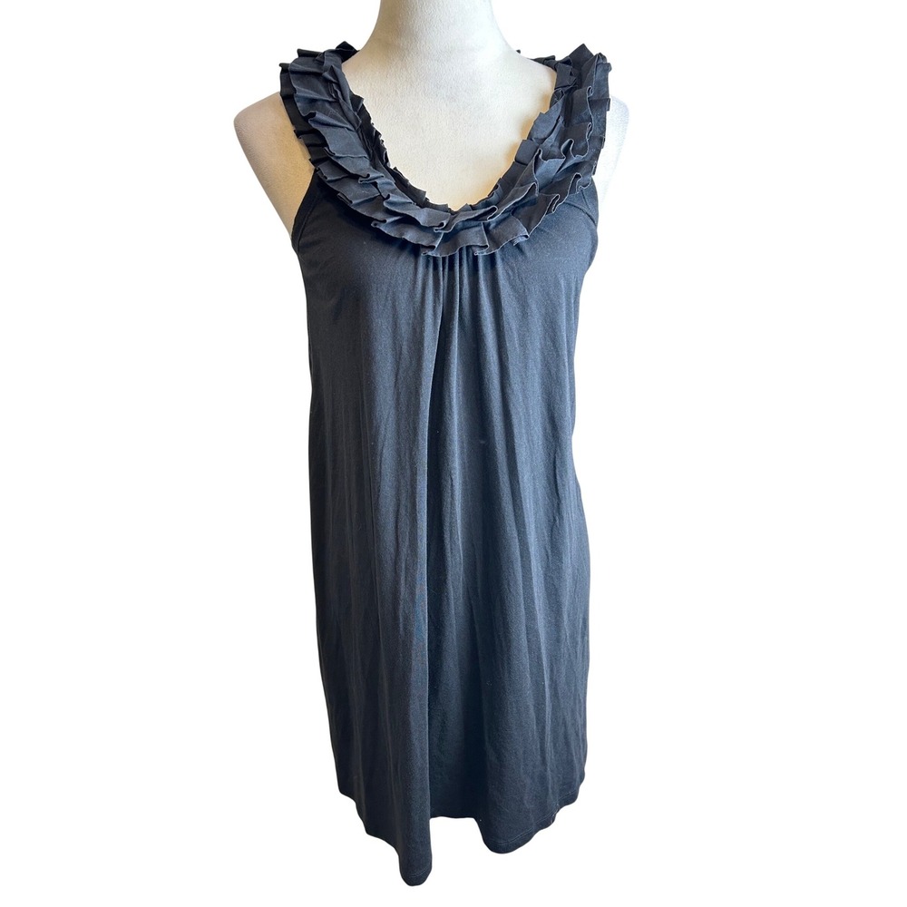 Ann Taylor LOFT Shift Dress Black Sleeveless Jersey Knit Ruffle Neck Women's S